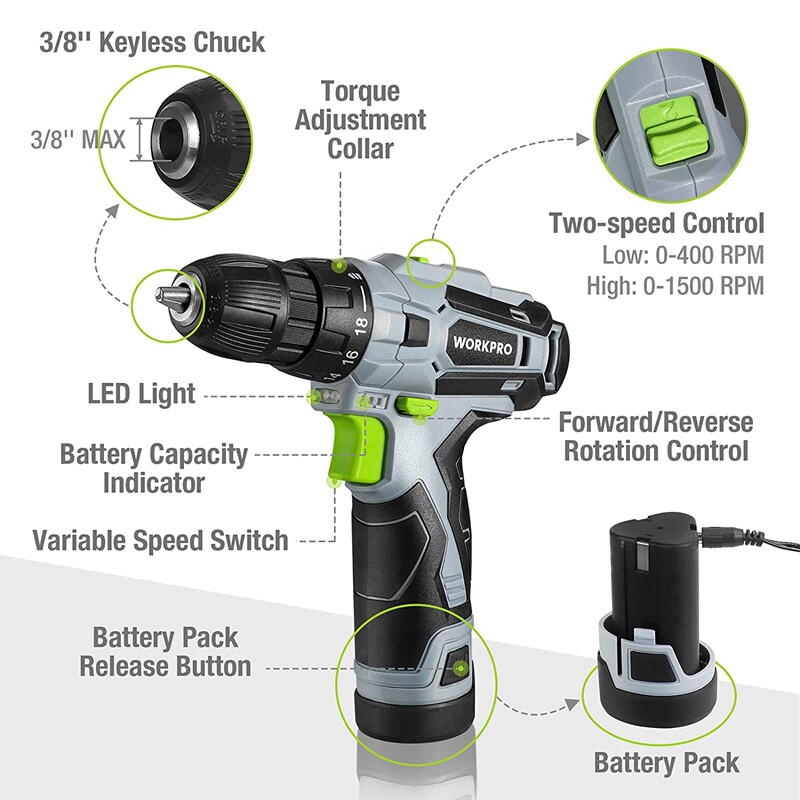 WORKPRO Cordless Drill Driver Kit 12V Screwdriver Driver Tool 3/8" Keyless Chuck