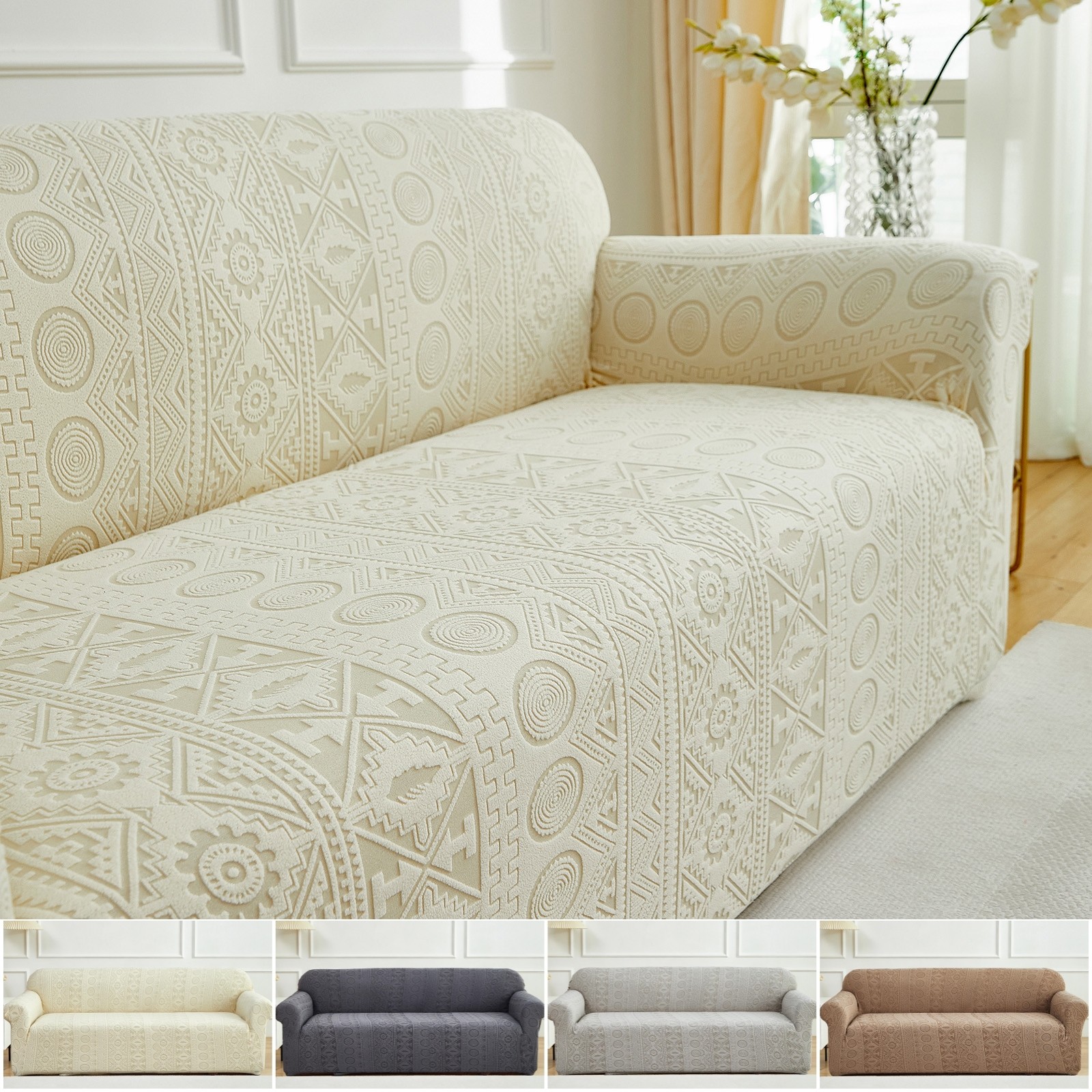 Spandex Jacquard Sofa Slipcover 1/2/3/4 Seater Stretch Sofa Cover Full Coverage