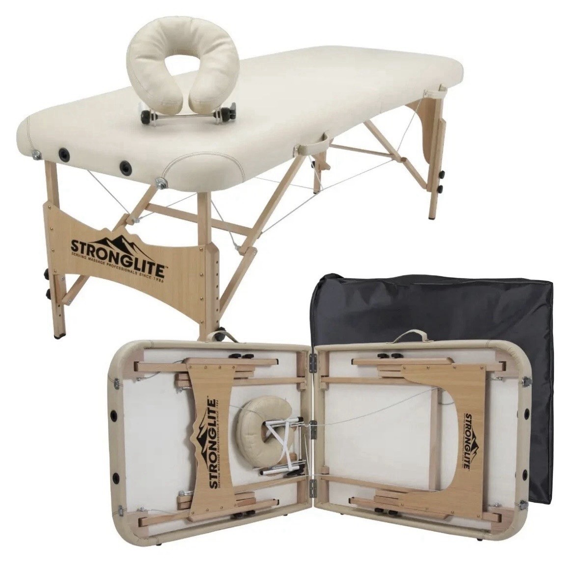 Stronglite Portable Foldable Wood Massage Table w/ Carrying Case, Beige