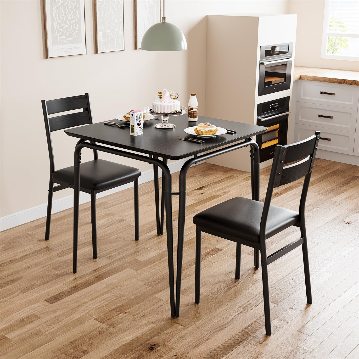 3 Pics Kitchen Table and Chairs for 2 Upholstered Chairs MDF Thickened Tabletop