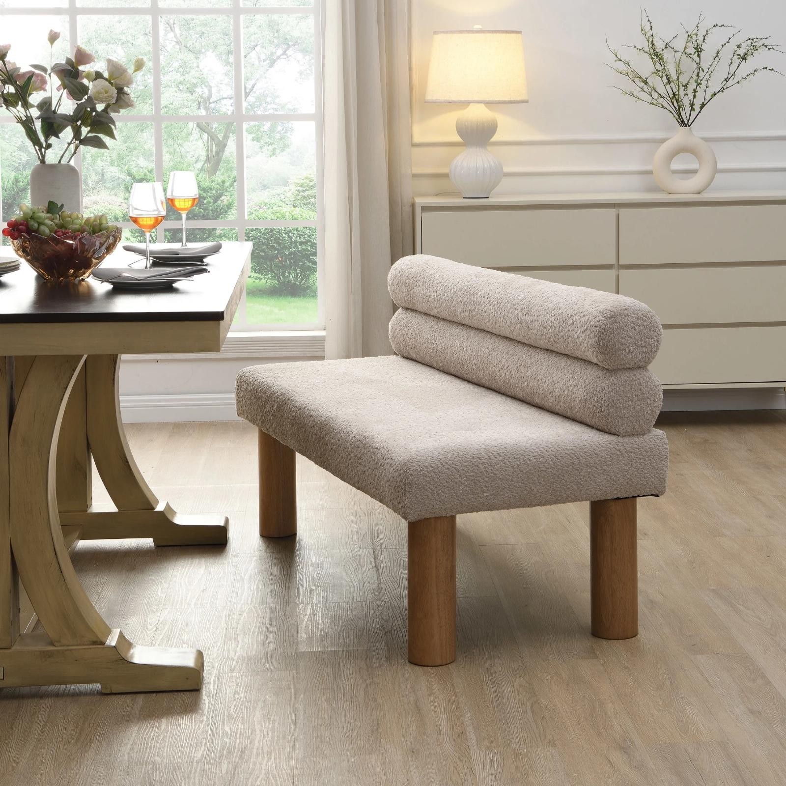 Rustic Modern Dining Bench Upholstered With Backrest And Natural Solid Wood Leg