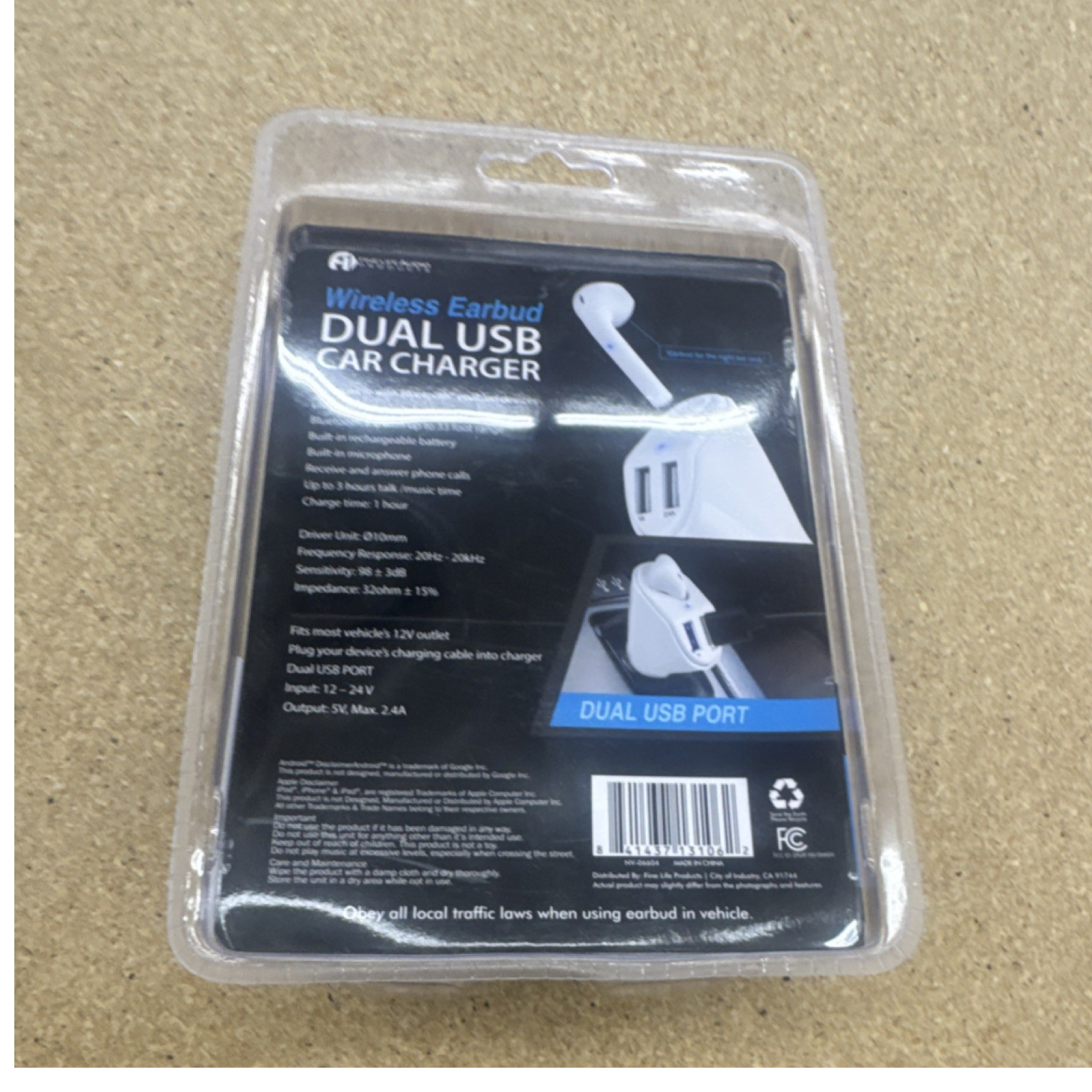 Fine Life Products Wireless Earbud Dual USB Vehicle Charger NV-06604