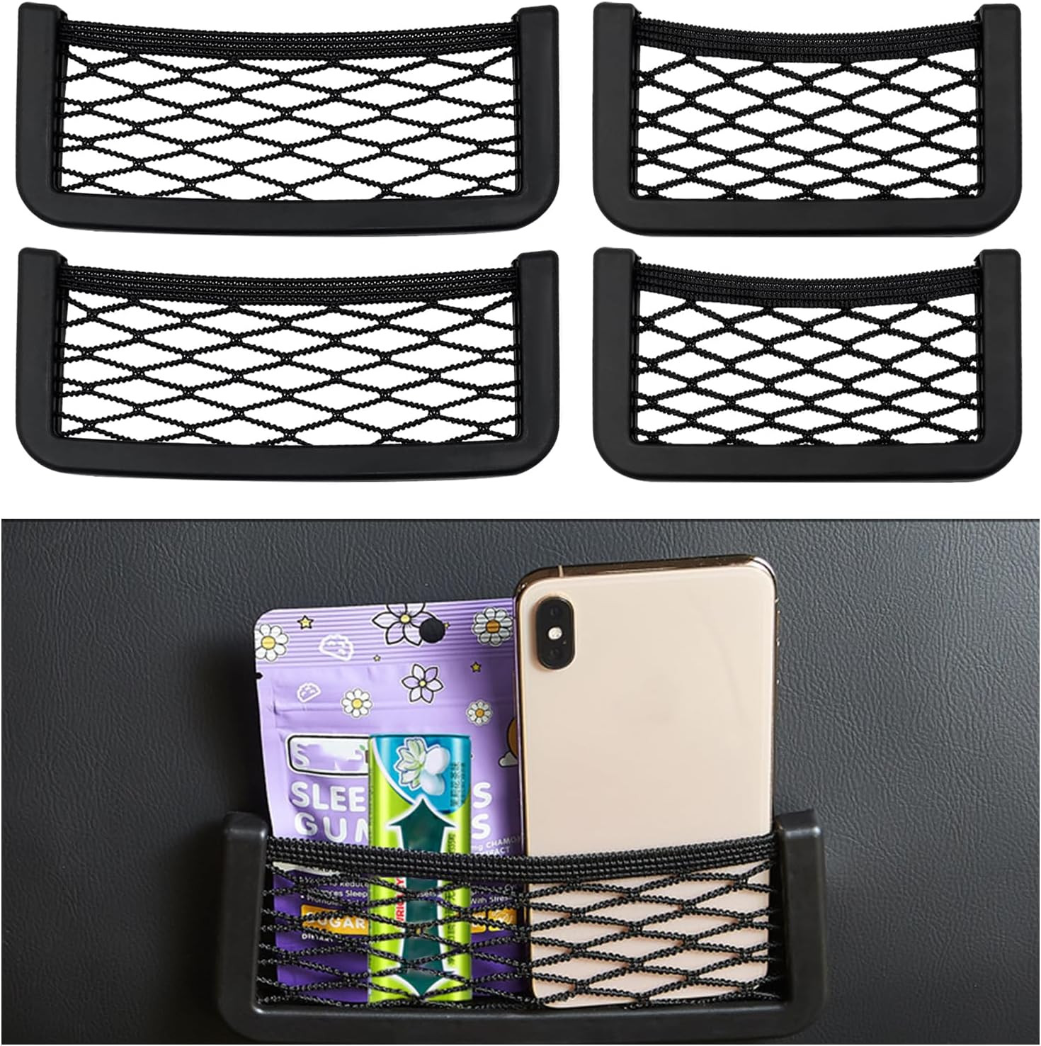 4 PCS Car Pocket Phone Net Elastic Storage Net Pocket with ABS Plastic Frame A