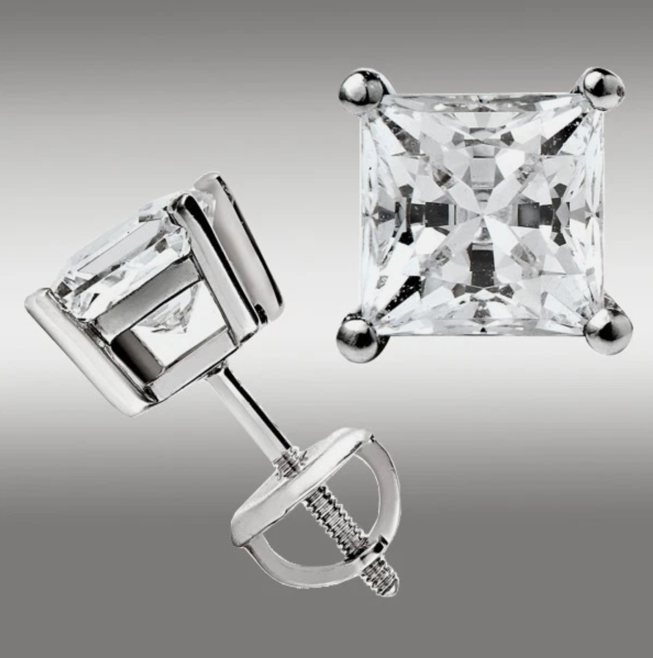4.00 Ct Princess Cut Stud Earrings w/Screw Back Lab Created 14K White Gold 7mm