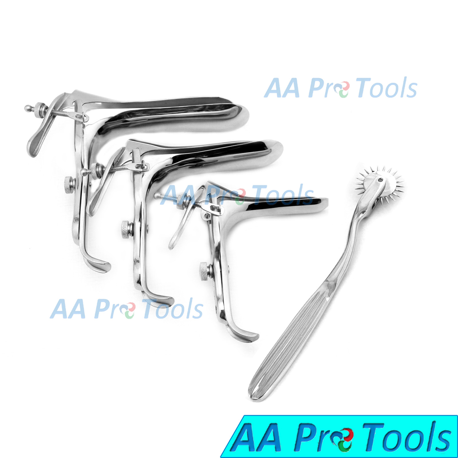 AA Pro: Wartenberg Pin Wheel & Graves Vaginal Speculum Set, (Small,Medium,Large)