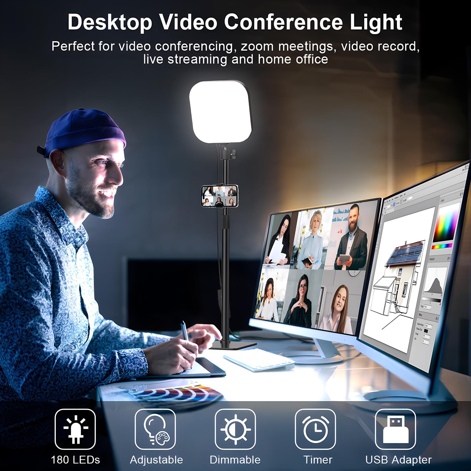 Video Conference Lighting, 180 LED Video Light with 3 Color & 5 Brightness & ...