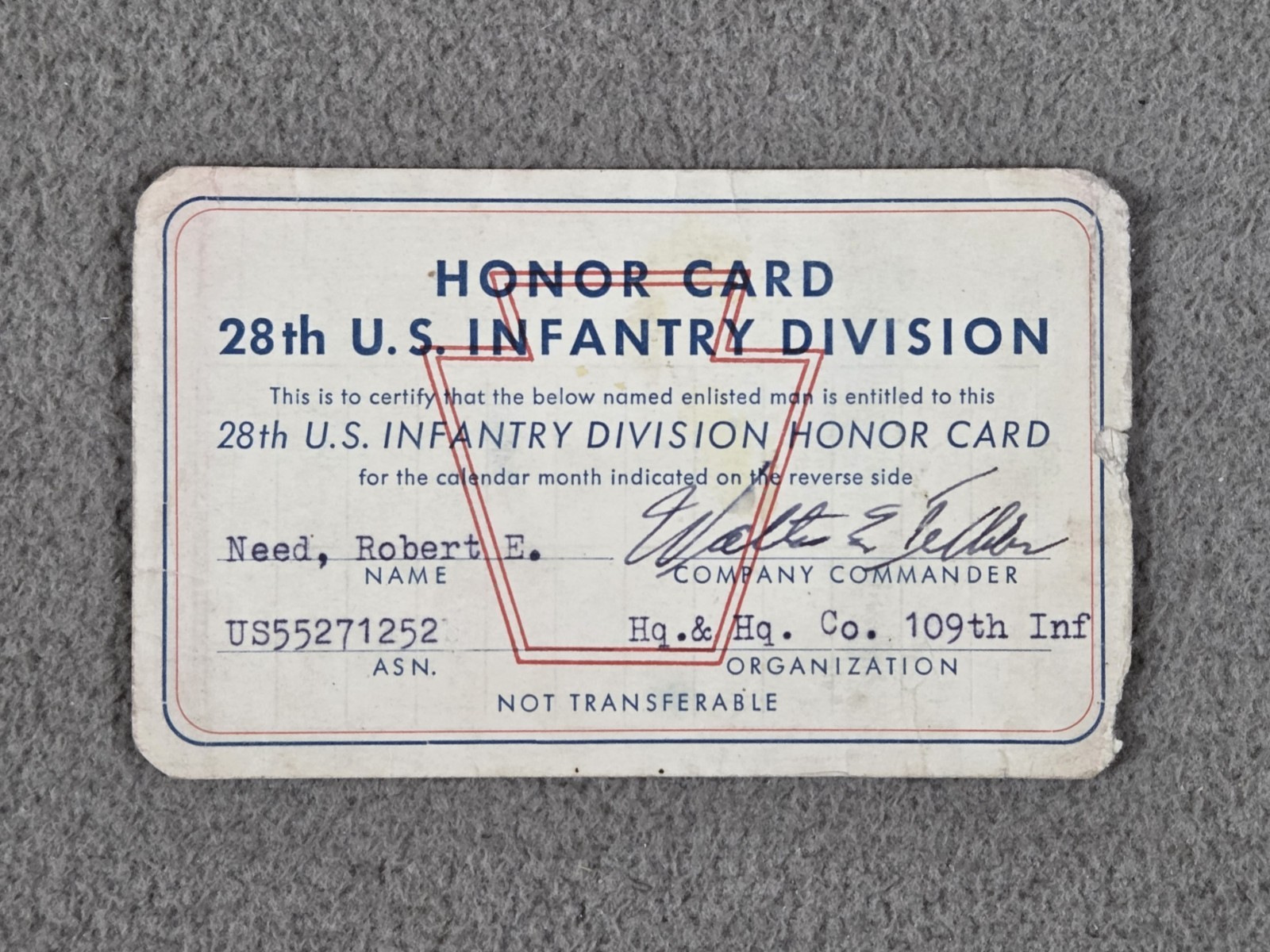 1953 Honor Card 28th U.S. Infantry Division U.S.Military