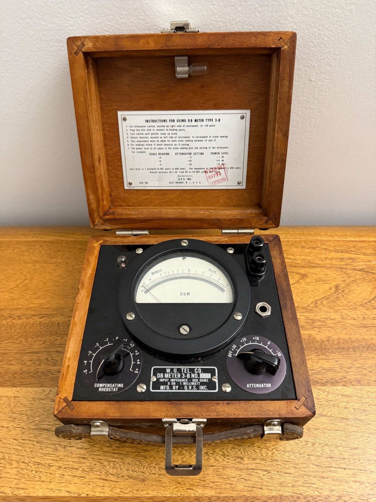 Vintage Western Union DB Meter Model 3-B With Rheostat Original Wooden Case