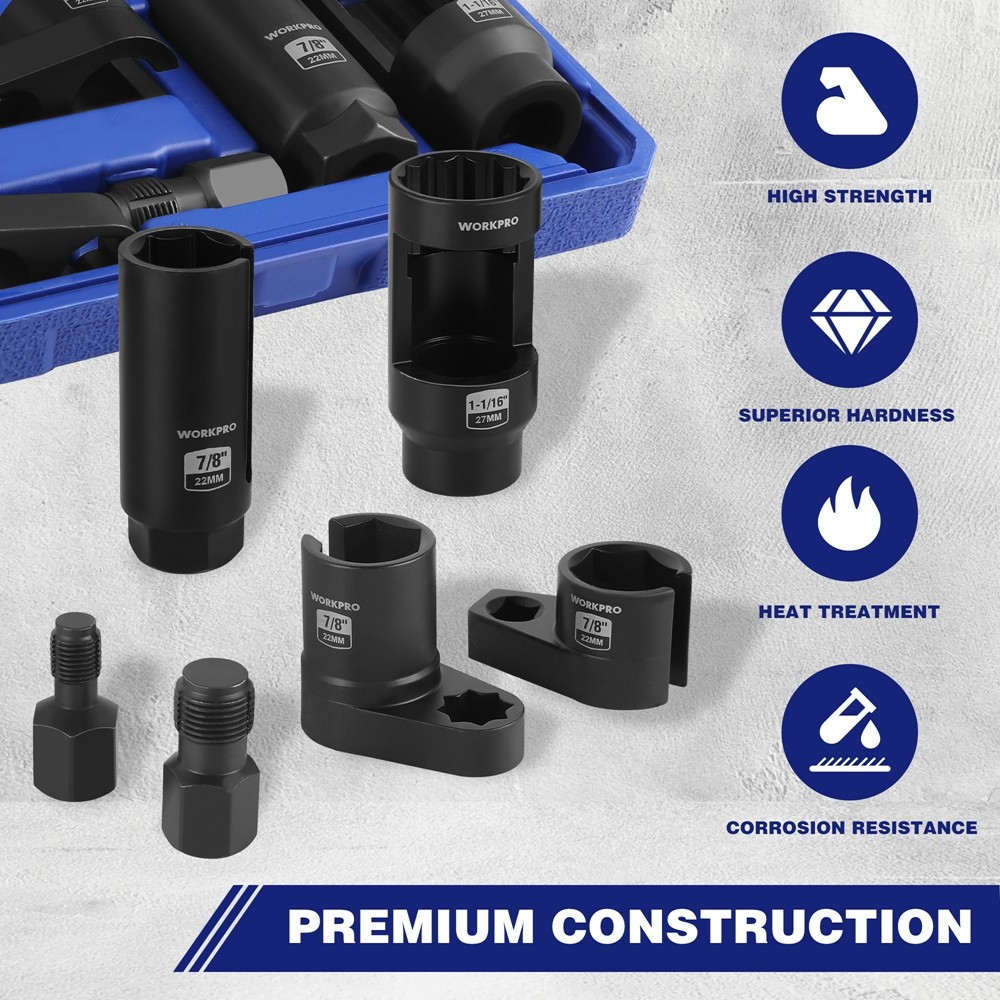 WORKPRO 6x O2 Oxygen Sensor Socket 3/8" 1/2" Dr Removal Tool Thread Chaser Set