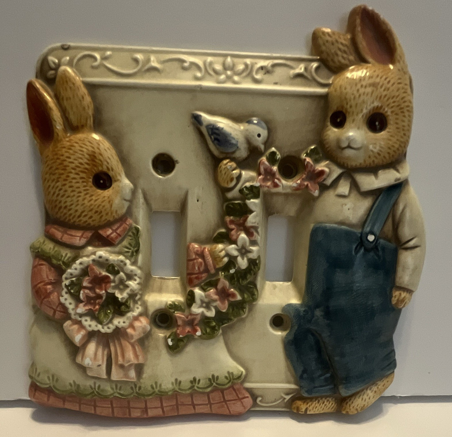 Vintage nursery room light switch cover, 2-Gang Double Toggle Girl Boy bunnies