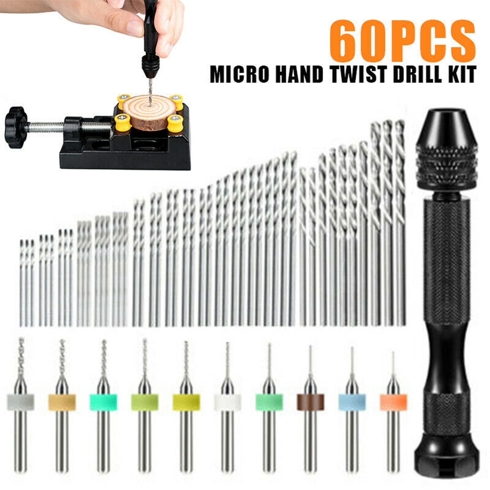 60PACK Mini Micro Hand Twist Drill Bits Set Rotary Precision Pin Vise Tools Kit