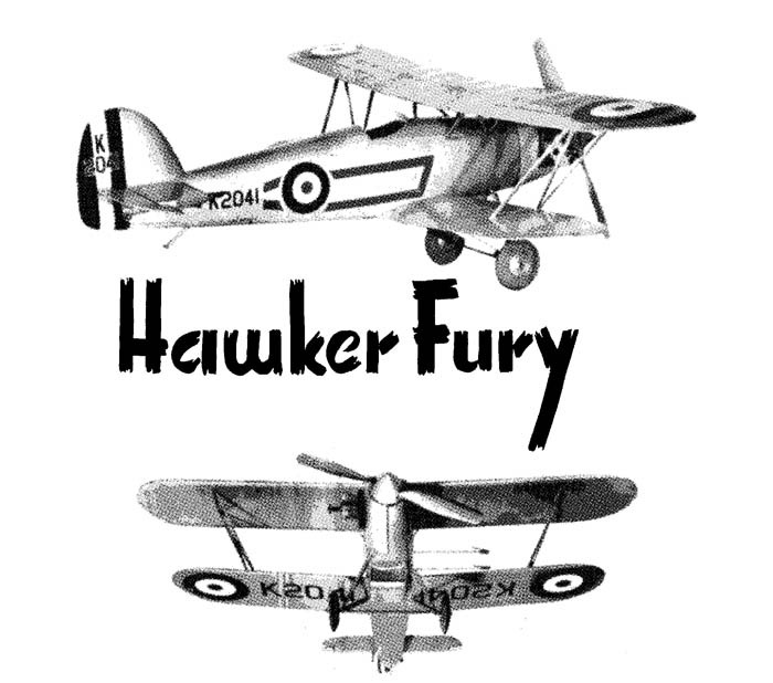 Model Airplane Plans (UC): Hawker Fury 1/18 Scale 20" for 1-1.5cc (.09ci) Engine