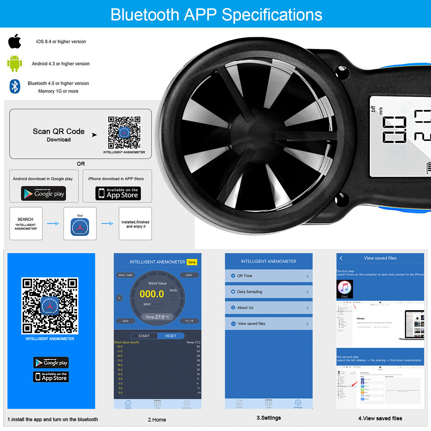 Digital Anemometer Bluetooth Wind Speed Gauge Meter 0.3-30M/s Temp Wind Chill