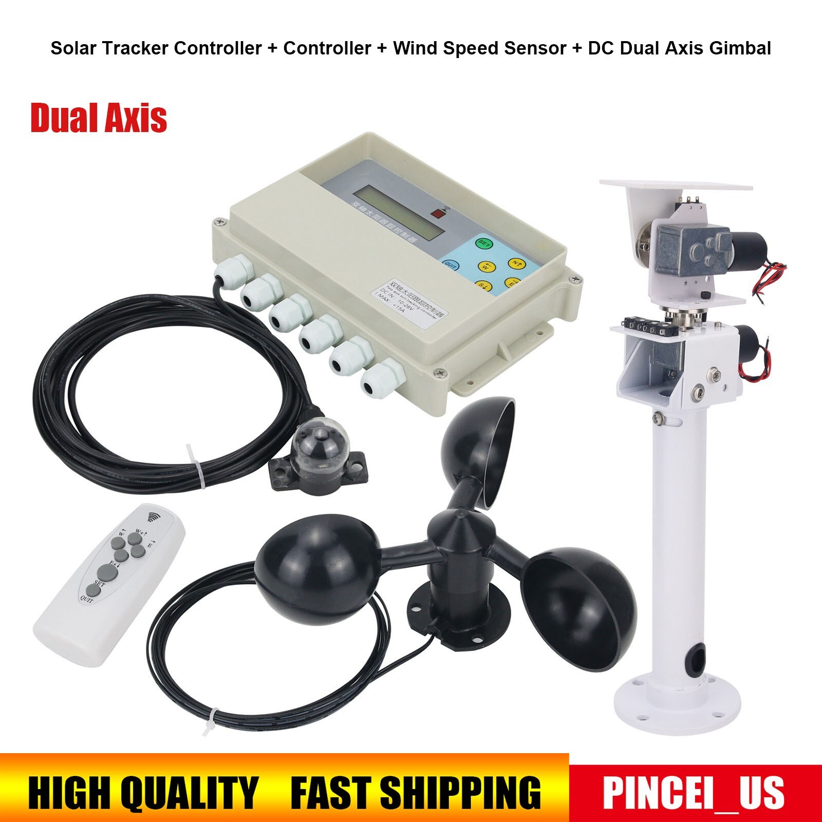 Dual Axis Solar Tracker Controller + Wind Speed Sensor + DC Dual Axis Gimbal