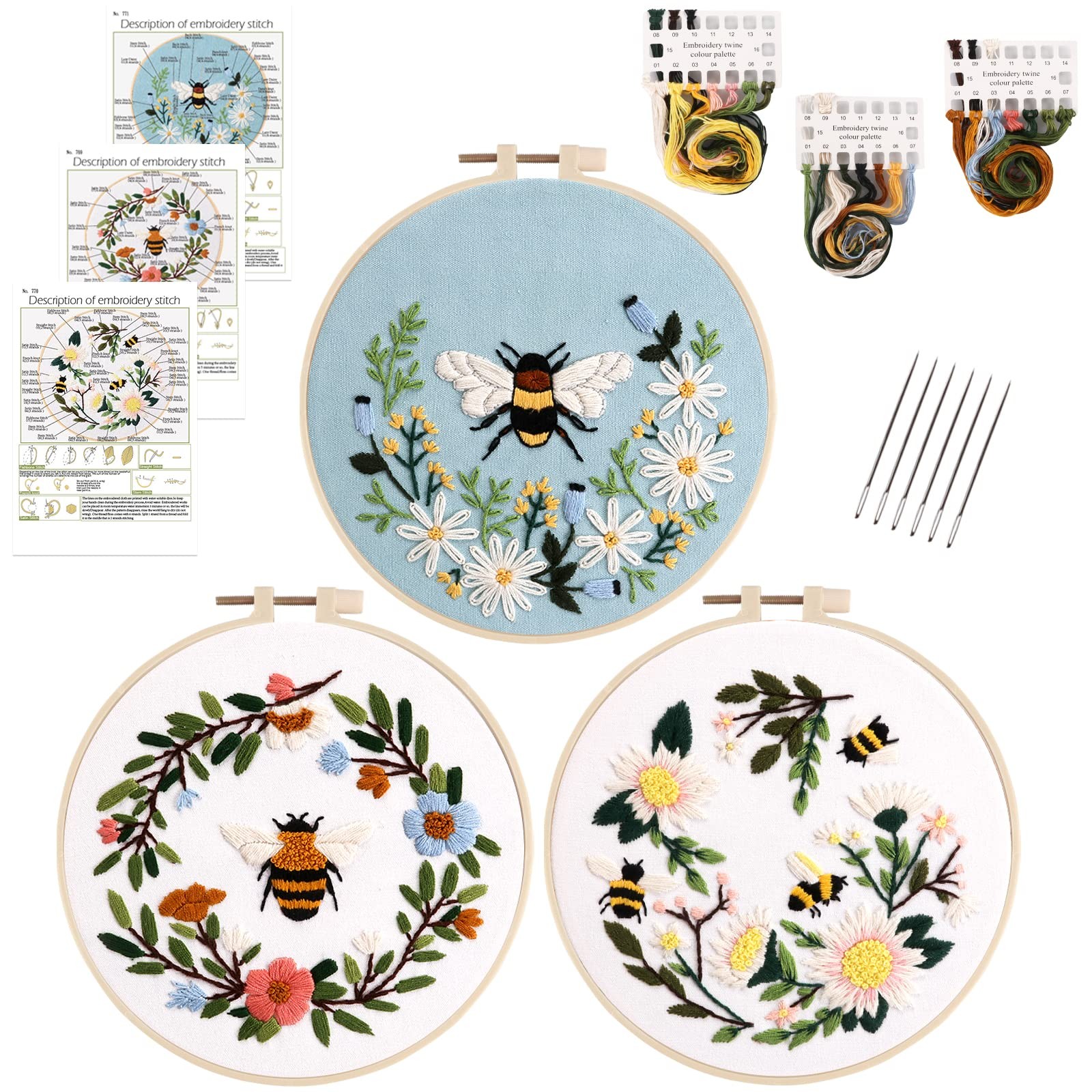 Lukinbox Embroidery Starter Kit for Beginners, 3 Sets Cross Medium, Flower 6