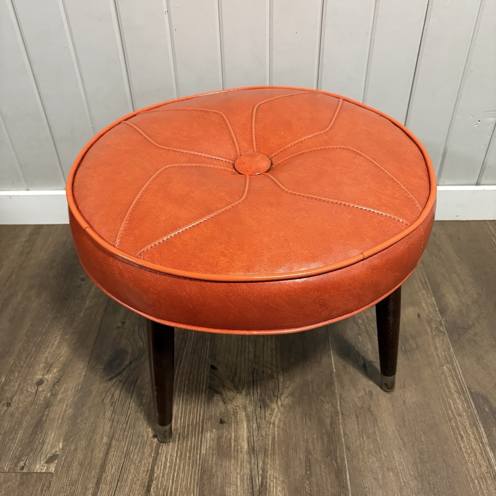 Vintage Ottoman Retro 1960s Orange Vinyl Footstool Tapered Legs 19 x 13 MCM