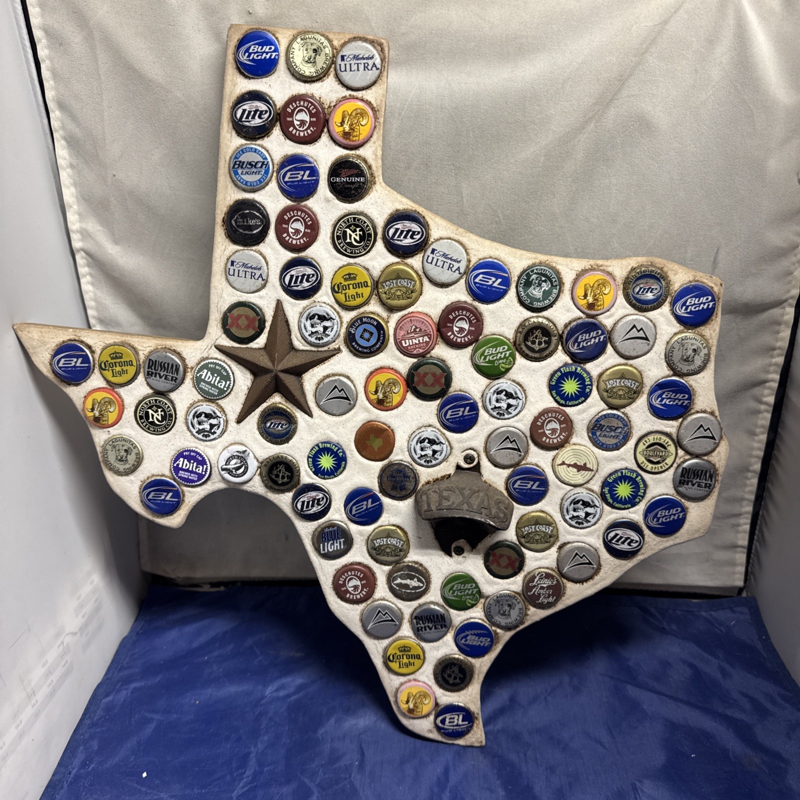 State Of Texas Beer Bottle Cap And Bottle Opener Wall Folk Art 18 x 18 Inches