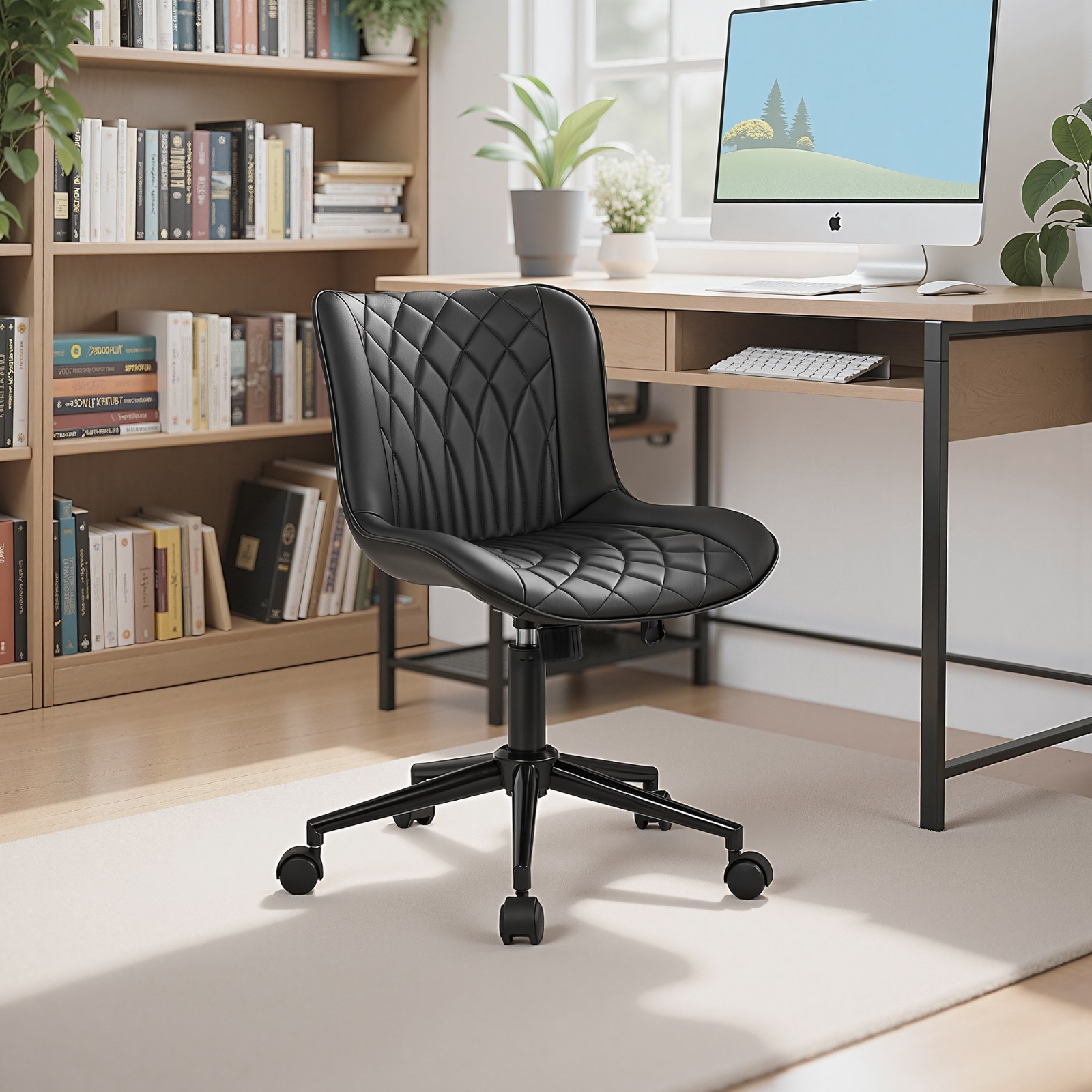 PU Leather Armless Mid Back Adjustable Height Swivel Office Chair Space Saving