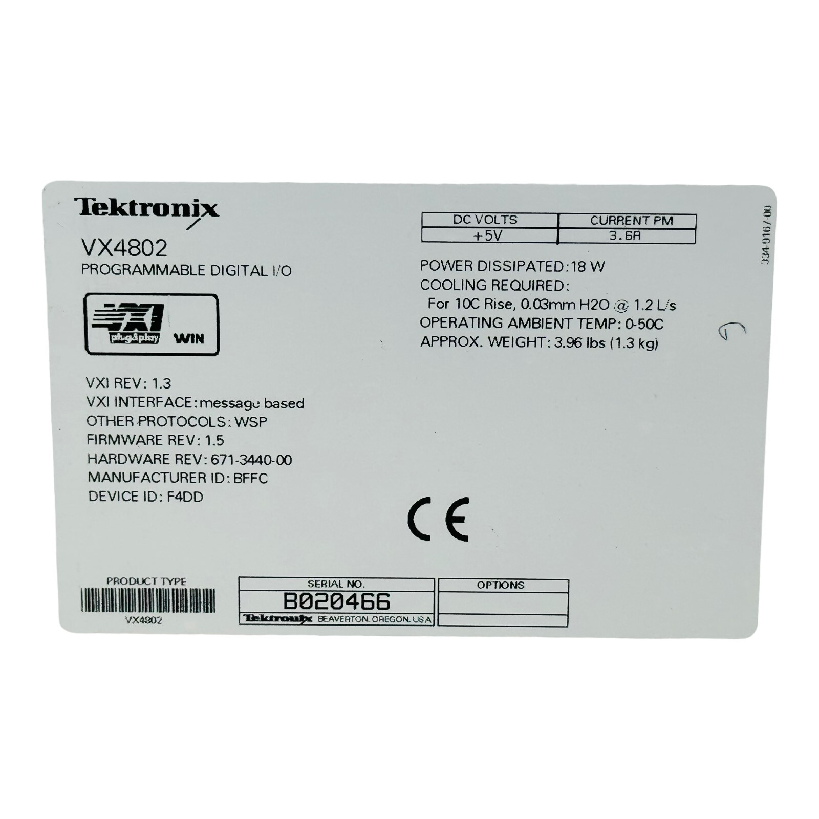 TEKTRONIX VX4802 PROGRAMMABLE DIGITAL I/O VXI MODULE SN B020466