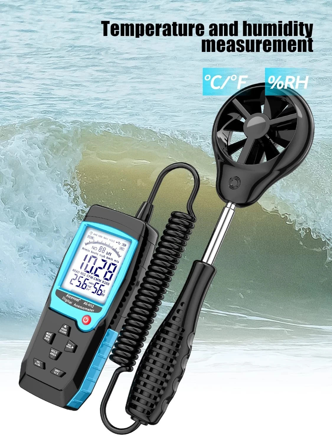AS-H12 Digital Anemometer Handheld Wind Speed Meter with Extended Wind Sensor