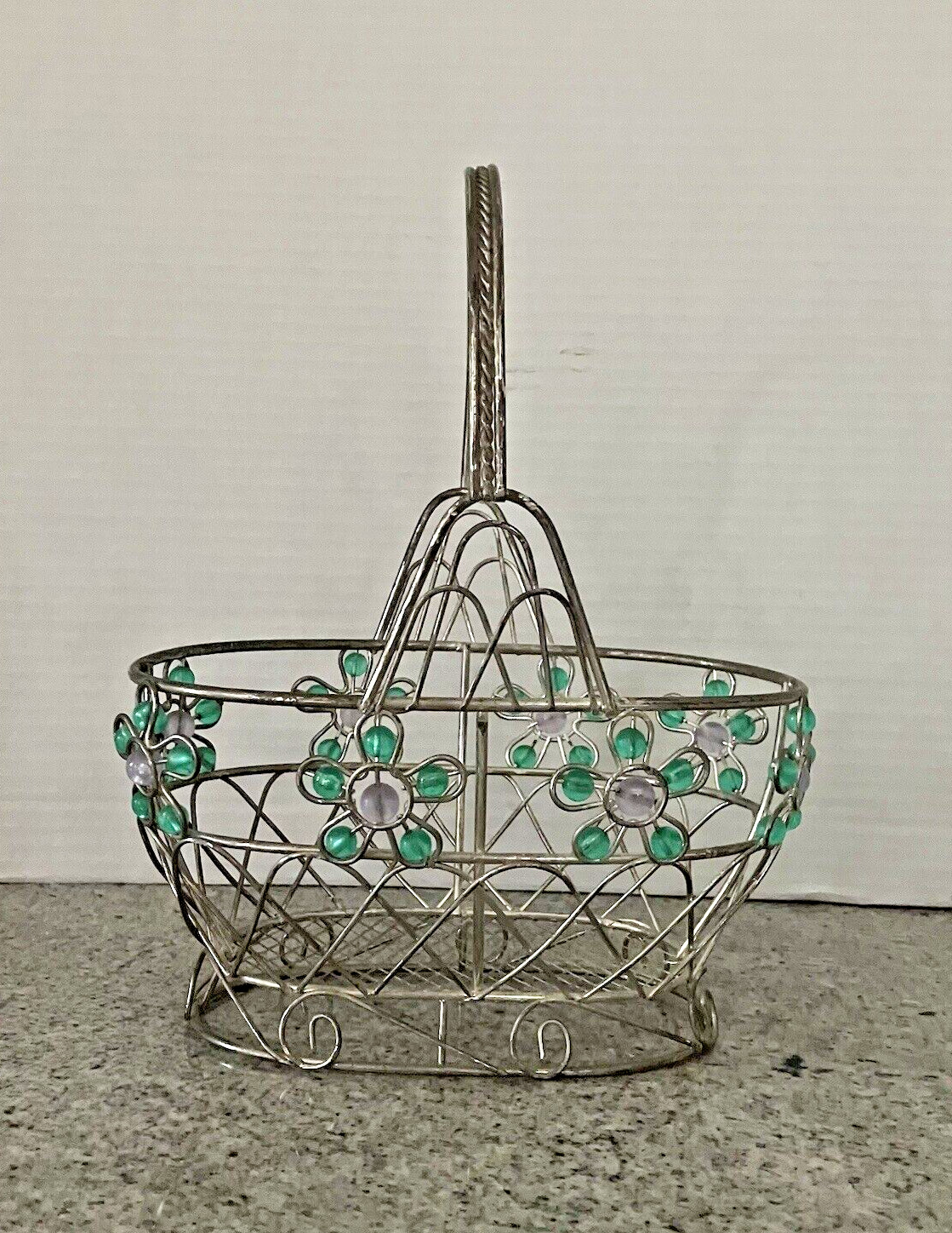 Double Twist Silver Colored Green & Lavender Flowered Wire Metal Basket Oval