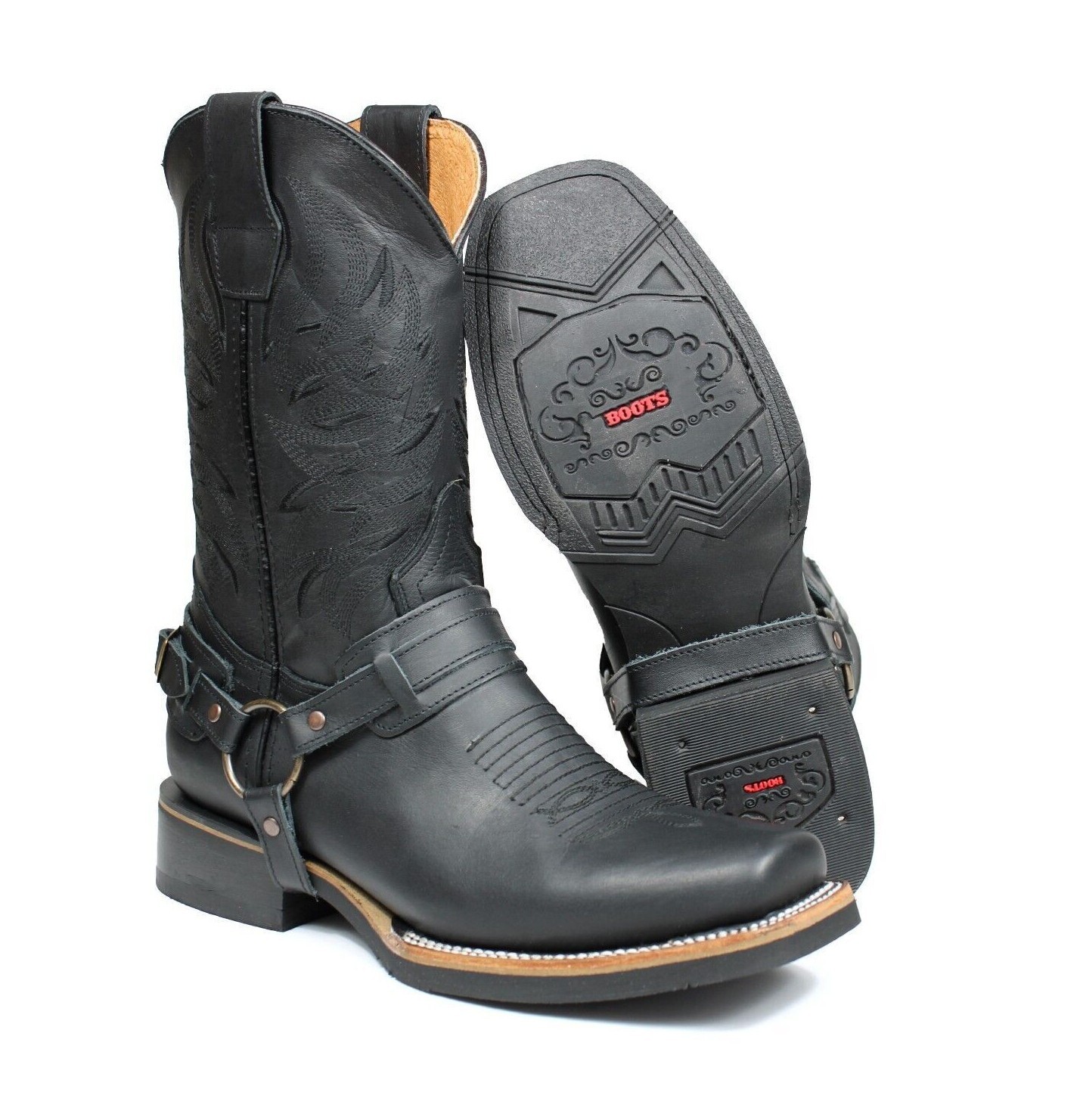 Men's Genuine Leather Cowboy Biker Boots Retro Riding Boots Botas Vaqueras