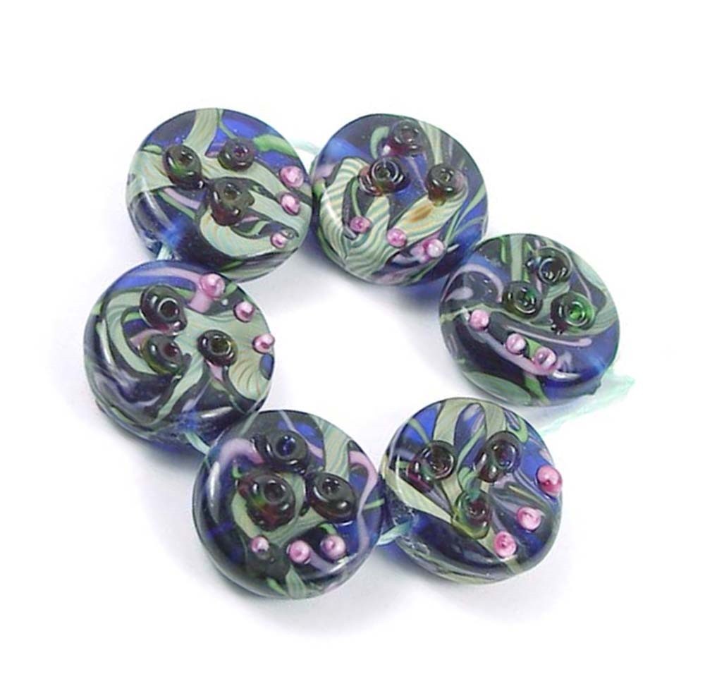 6 Handmade Lampwork Glass Blue Lace Disc Beads 20mm