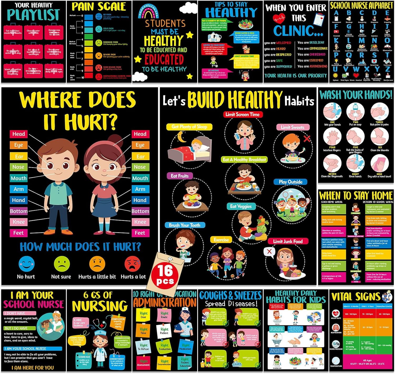 16-Piece Educational Health Posters for School Nurse Office and Classroom Decor