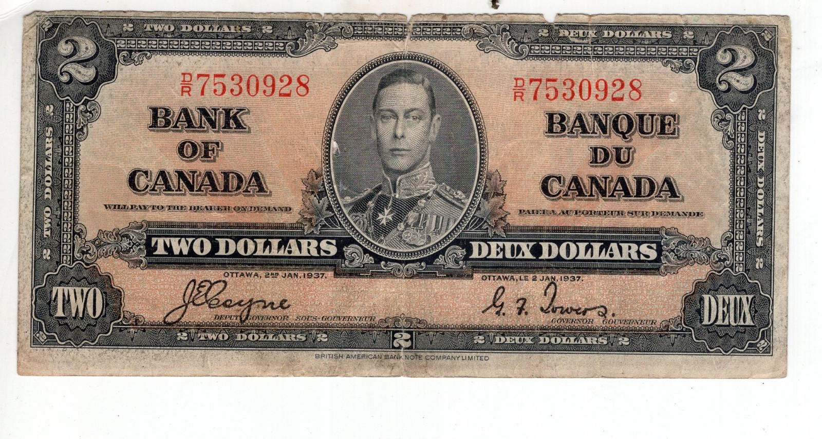 Bank of Canada 1937 $2 Two Dollars Coyne-Towers D/R Prefix VG+