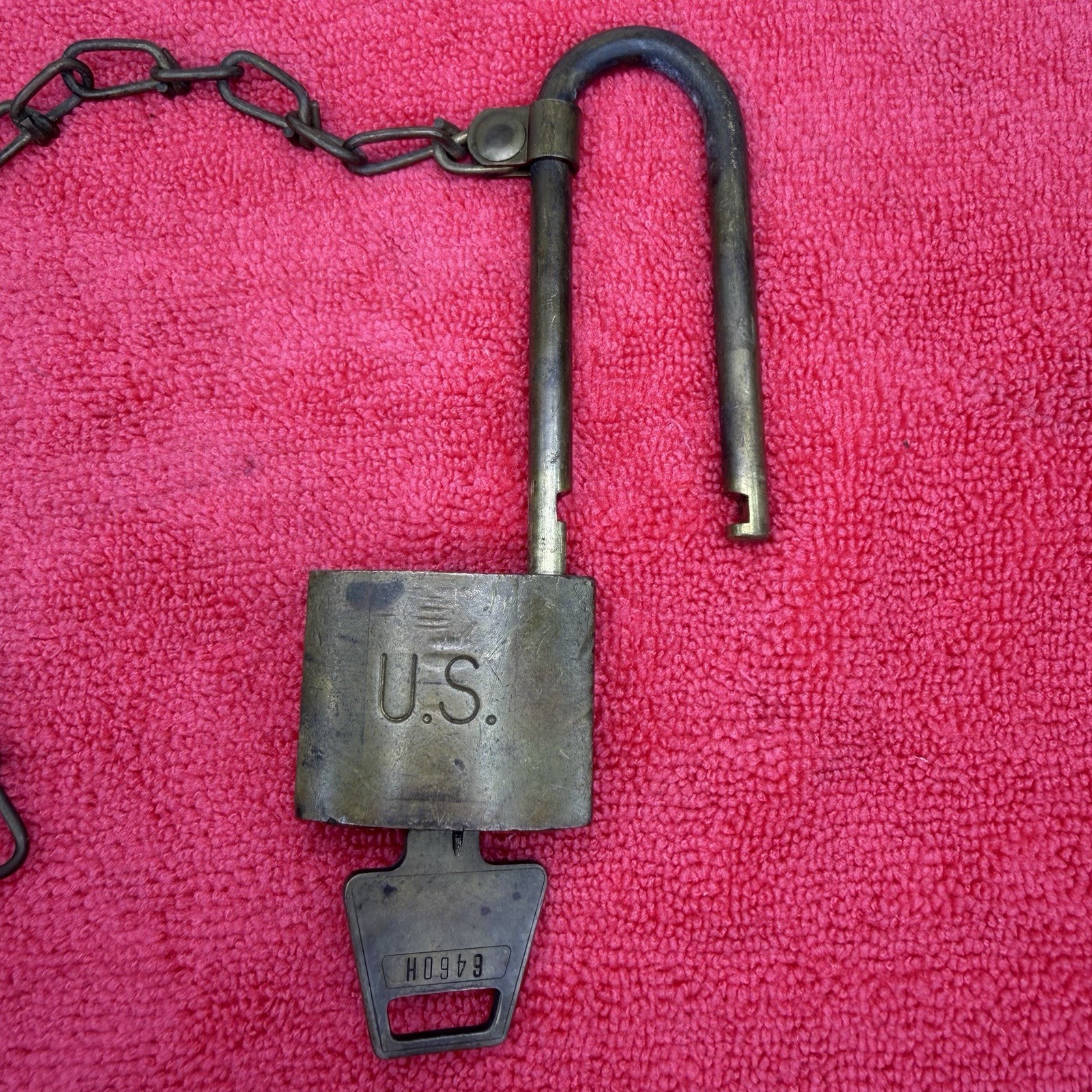 Vintage U.S. Military Brass Padlock , Chain & Key American Lock Co. USA 6460H