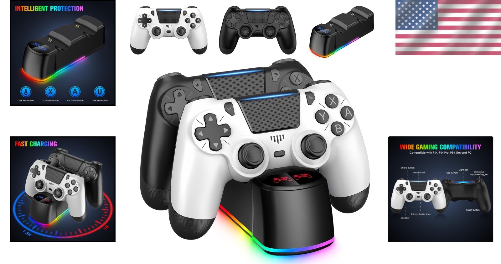 2 Pack Wireless PS4 Controllers with LED Charging Dock - Ultimate Gaming Upgrade