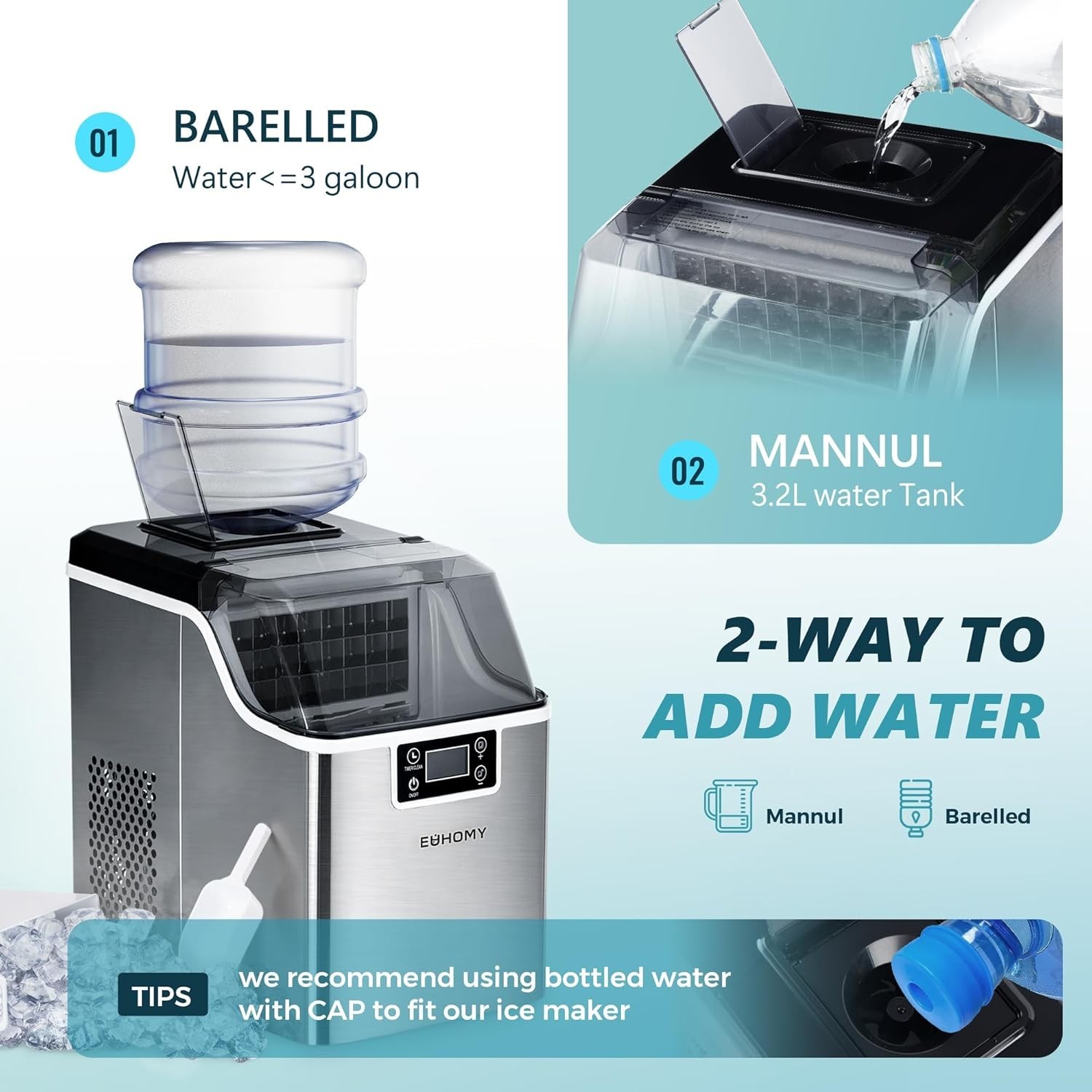 Ice Cube Maker Machine Countertop Portable 45Lbs/Day Self-Cleaning Compact