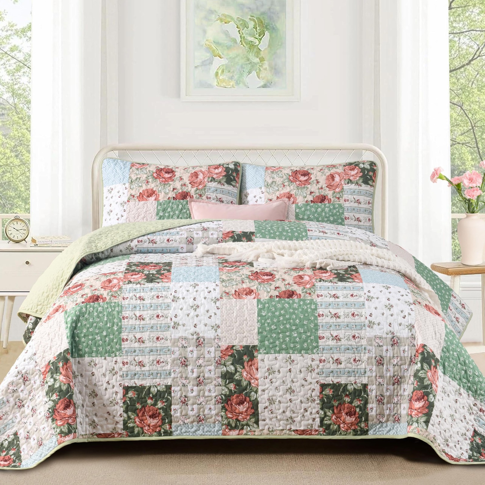 Anibedding 3 Pieces Green Patchwork Quilt Set Queen Size, Bohemian Red Flower...
