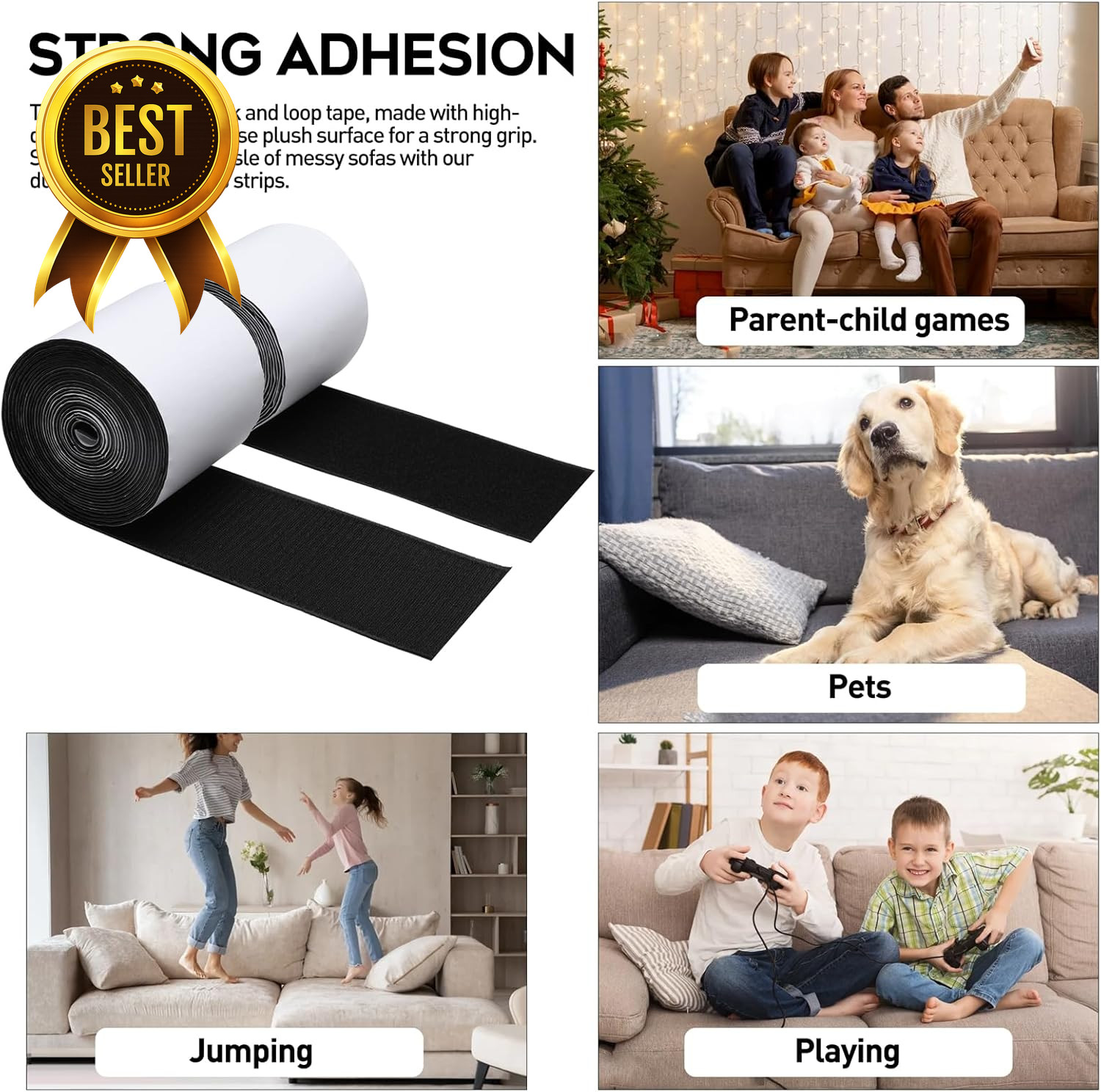 4.4" x 7ft Hook and Loop Tape Heavy Duty Adhesive Double Sided Black