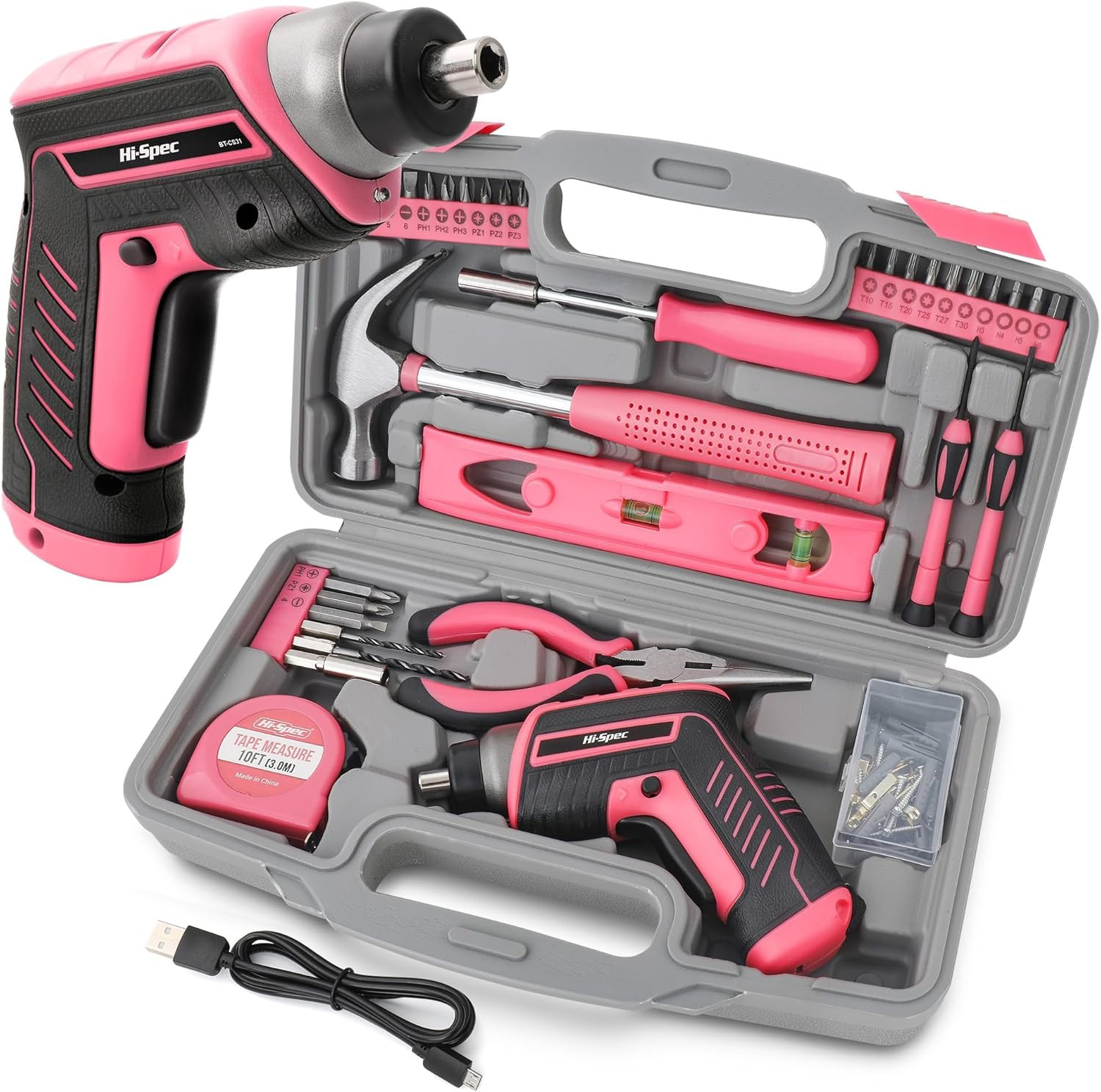 35Pc Pink Tool Kit with 3.6V USB Electric Screwdriver and Drill Set. Complete Wo