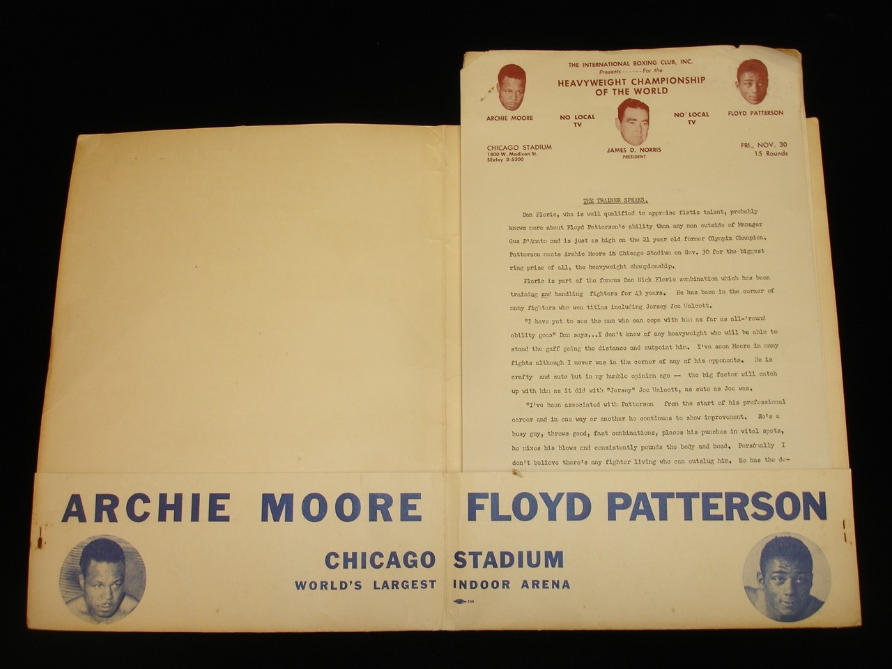 Nov. 30, 1956 Archie Moore vs. Floyd Patterson Heavyweight Championship Papers