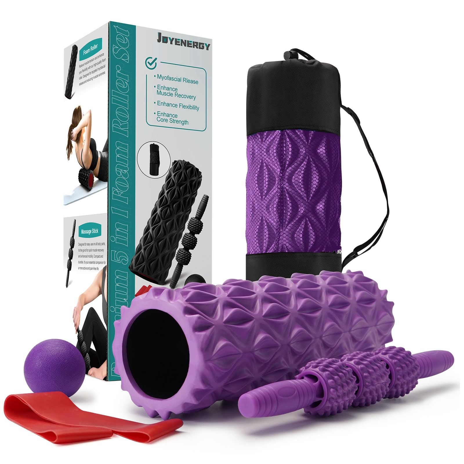 JOYENERGY 5 in 1 Foam Roller Set Trigger Point Foam Roller, Massage Roller St...