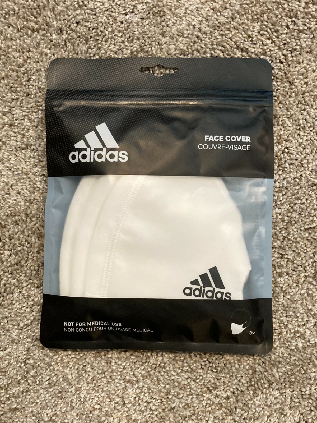 3-Pack Adidas White Face Covers Facemasks Reusable Unisex - Size M/L