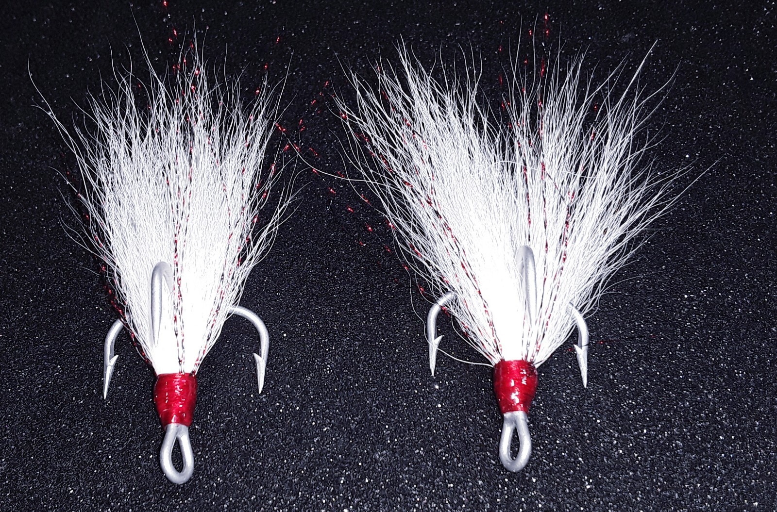 2 pack 1/0 Mustad dressed Musky Pike bucktail treble hooks.