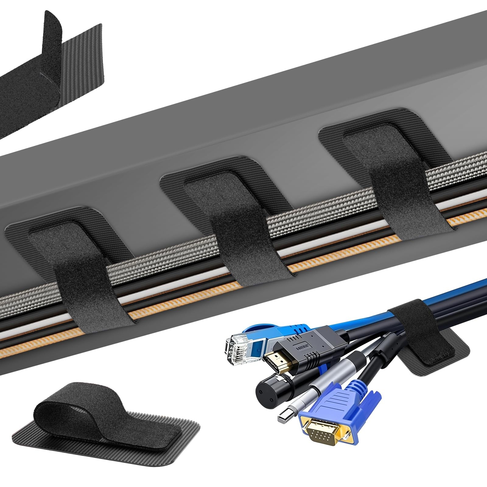 Under Desk Cable Management Cable Clips  Hook  Loop Ties, 20 Pairs