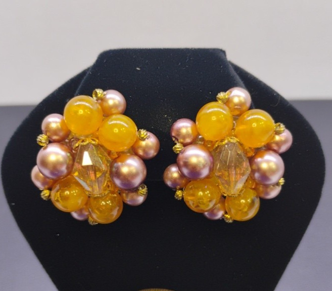 West Germany Amber Bead Faux Pearl Cluster Clip=On Earrings Vintage