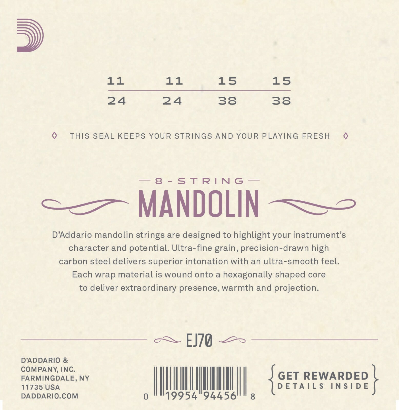 D'Addario EJ70 Mandolin Strings Phosphor Bronze Ball End Medium Light 11-38