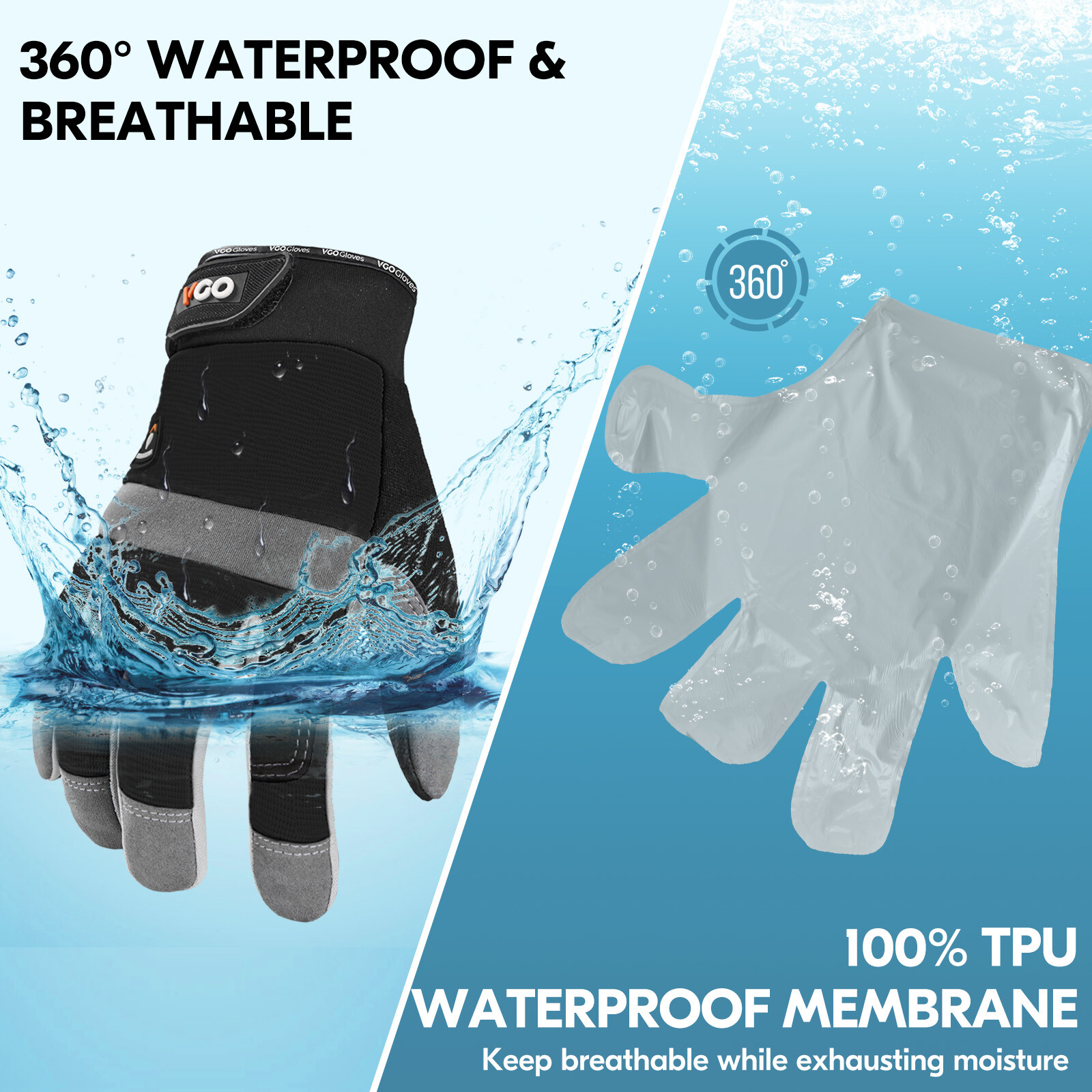Vgo 1Pair 41℉ Lined Touchscreen Waterproof Winter Work Gloves (SL7584FLWP-BLA)