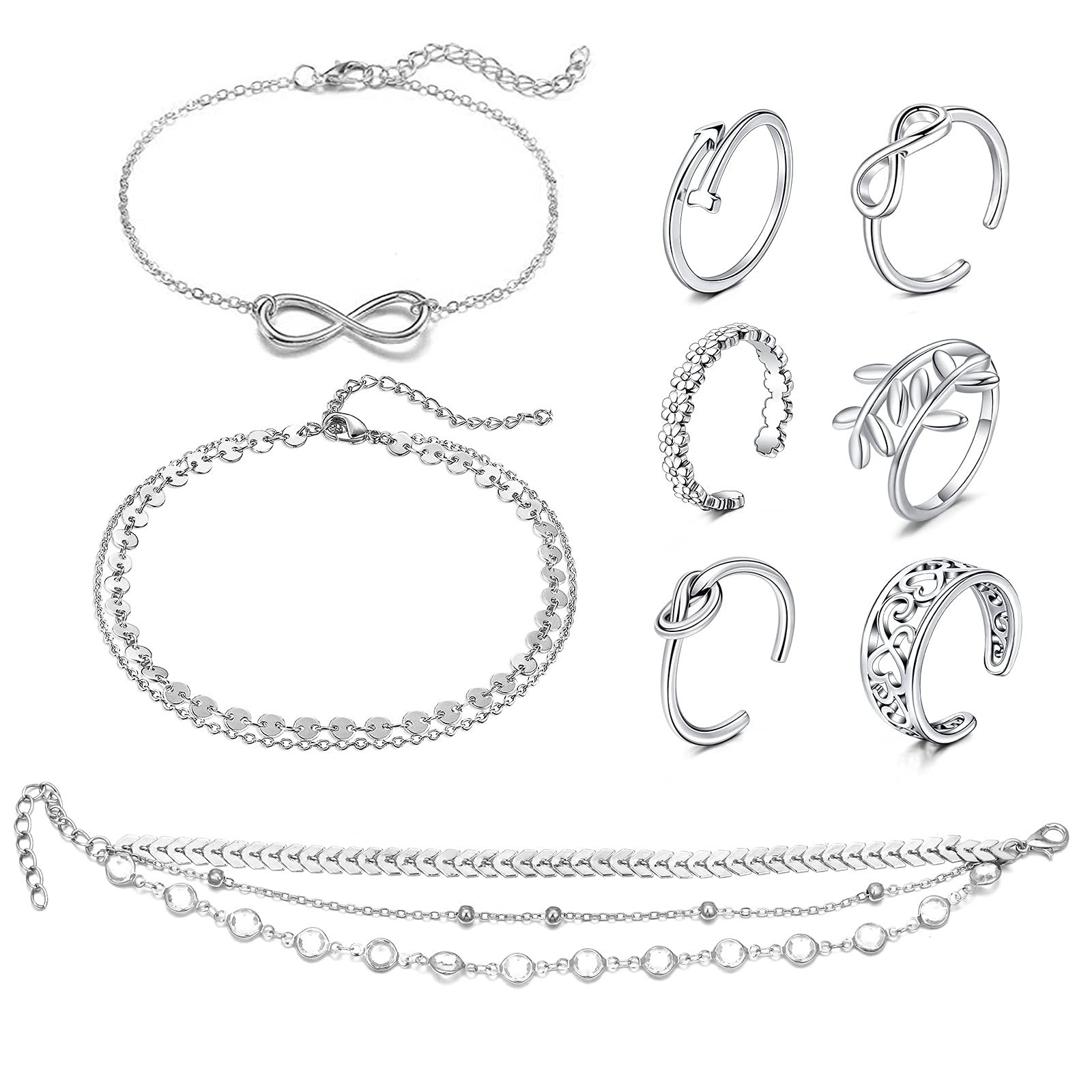 JFORYOU Toe Rings for Women Adjustable Open Toe Rings with Anklet Set CZ Flow...