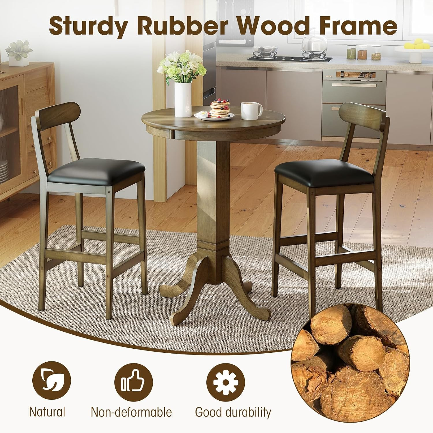 30” round Bar Table, Dining Table with Rubber Wood Frame, Elegant Base, 180 LBS