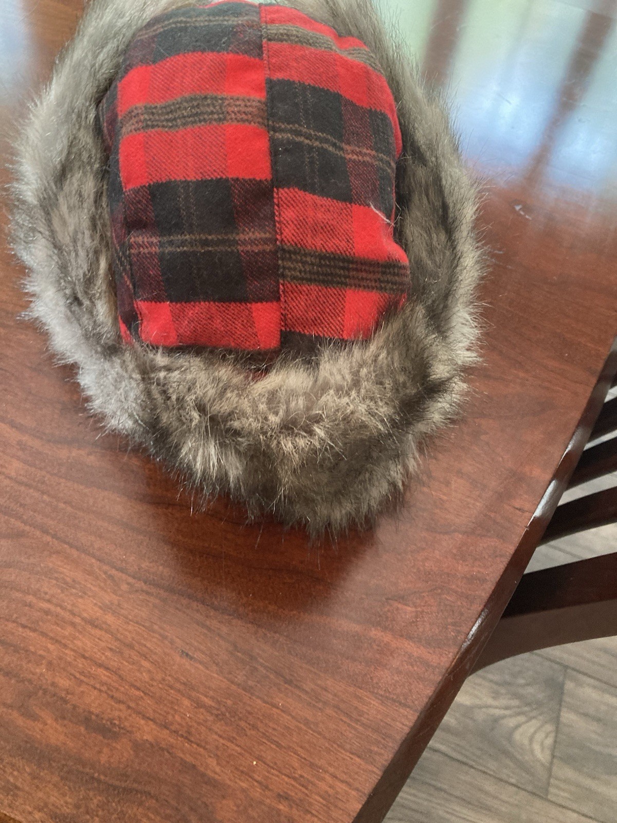 Red Buffalo Plaid Trapper Winter Hat/Faux Fur Trim