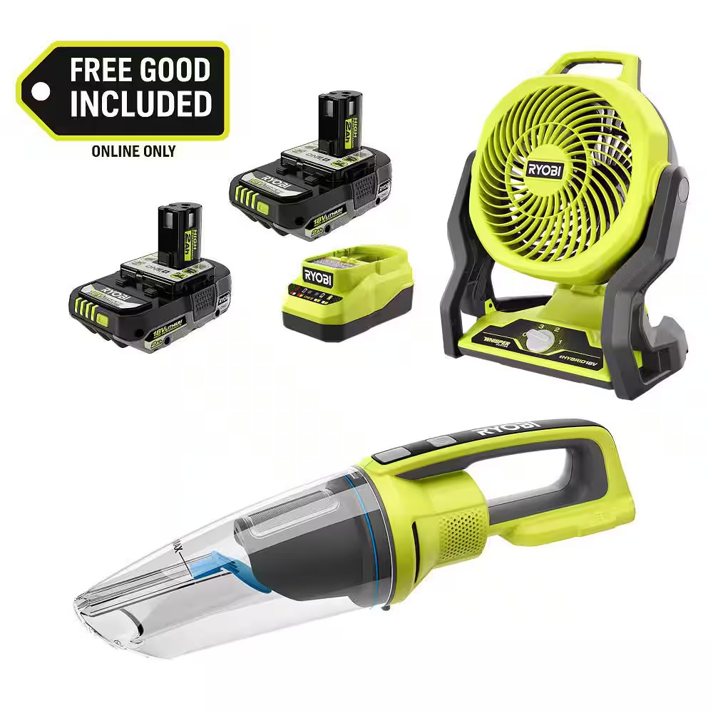Ryobi 7.5 In. Fan Kit W/ 2x 2Ah Batteries, Charger, ONE+ 18V Wet/Dry Hand Vacuum