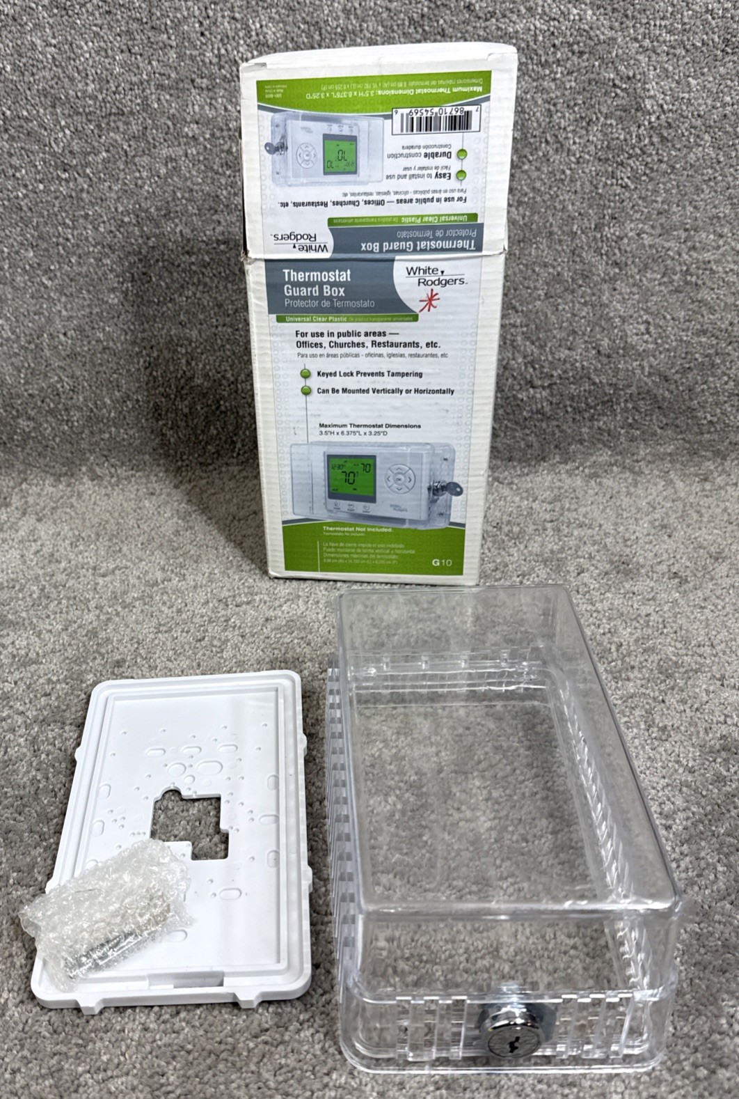 White Rodgers Thermostat Guard Box 3.5"H x 6.375"L x 3.25"D Clear Plastic w/ Key