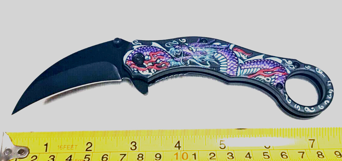 SPRING ASSISTED KNIFE 7.5 INCH OVERALL APPROX. KARAMBIT BLADE PURPLE DRAGON