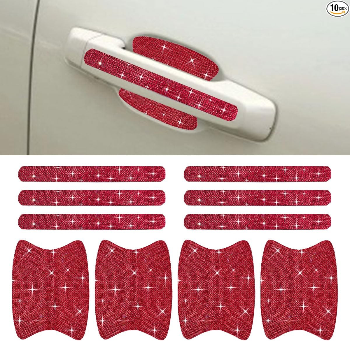 10PCS Bling Car Door Handle Protector, Crystal Rhinestone Anti-Scra Color: Red